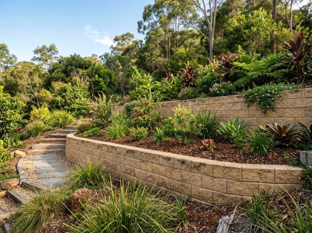 Tiered retaining walls on a sloping Ipswich block