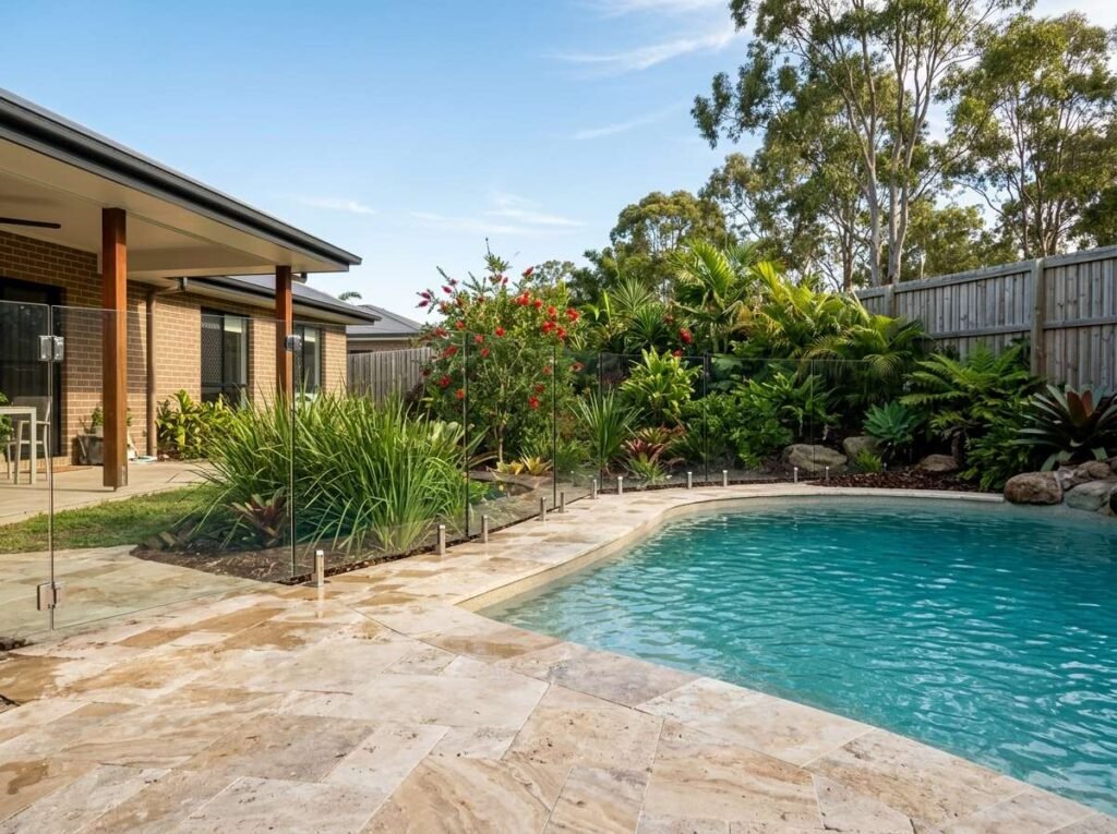 Travertine pool paving in Ipswich