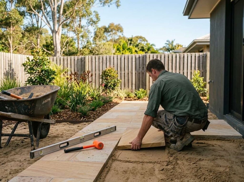 Landscaper laying sandstone pavers in an Ipswich backyard