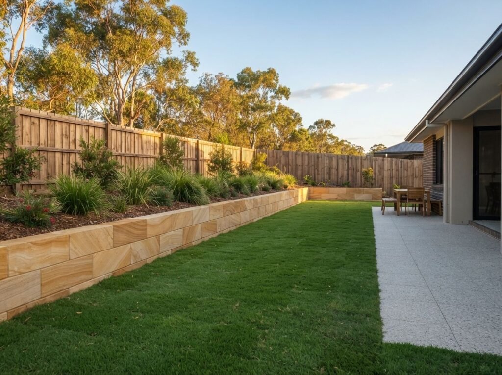 Sandstone block retaining wall with native garden bed and new turf in an Ipswich backyard
